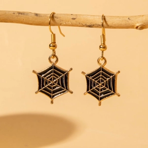Detailed view of gold and black spider web hook earrings on a natural branch