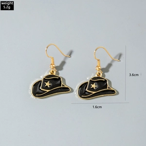 Detail view of black enamel cowboy hat earrings with golden star and size dimensions