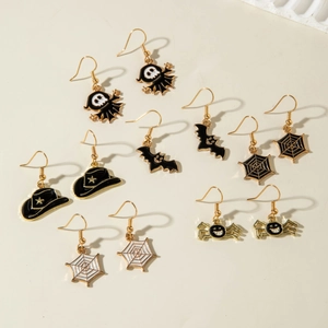 Halloween earring set with ghost bat spider and witch hat motifs on golden hooks