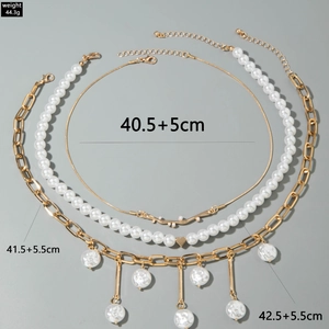 Especificaciones de tamaño y peso para el conjunto de collar de perlas y corazón