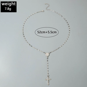 Detailed Y-shaped silver necklace with religious medal and cross pendant, 52cm length