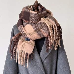 Thick plaid cashmere-like scarf with long tassels in earthy brown and khaki tones