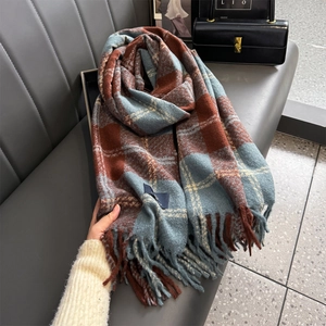Classic red plaid cashmere scarf for women with thick tassels and warm winter design