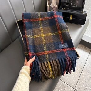 Close-up of classic red and blue plaid scarf with fringe detail and brand woven label