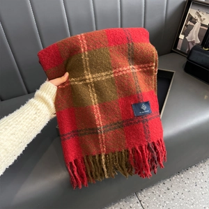 Long red plaid Christmas scarf with cashmere-like texture and soft fringe tassels