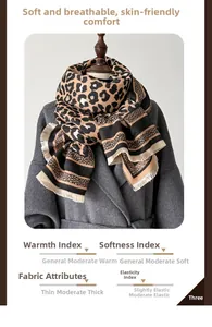Close-up of leopard print cashmere feel scarf with fringe tassels and thick texture