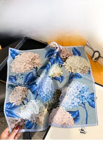 Detail of silk square scarf showing vintage hydrangea prints and lilac rolled edges