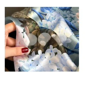 Close-up of silk scarf fabric showing the smooth blue floral pattern and soft texture