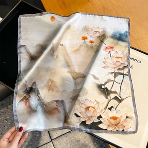Elegant mulberry silk square scarf with lotus and landscape ink painting print