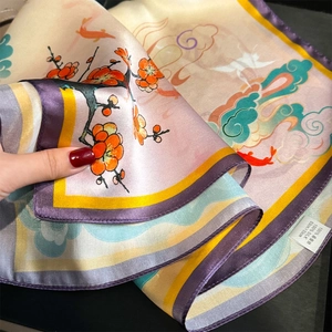 Champagne silk scarf with traditional Chinese koi fish pattern and smooth texture
