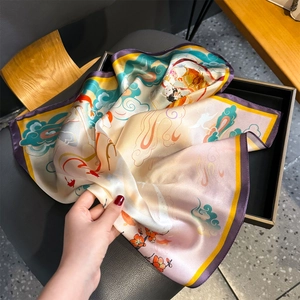 Elegant Dunhuang art silk scarf with traditional Chinese patterns on black tray