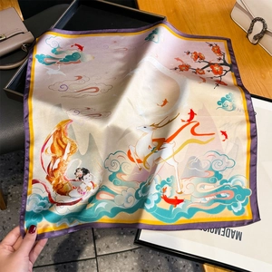 Elegant Dunhuang silk scarf featuring mythical deer and flying apsaras patterns