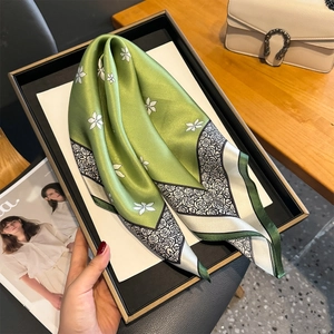 Elegant green floral silk square scarf with rose pattern in a premium gift box