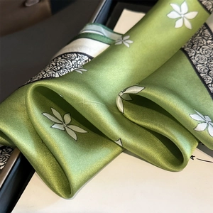 Elegant green silk scarf with white floral patterns and rose borders for women