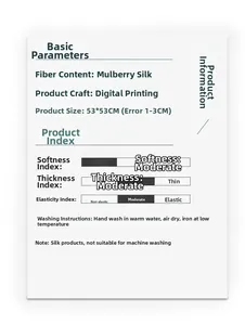 Tabla detallada del pañuelo de seda 53x53cm con impresión y datos de materiales