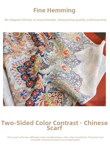 Detail of paisley print scarf featuring double-sided color and fine edge stitching