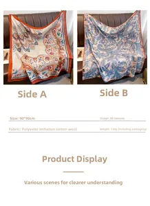Detailed view of 90x90cm paisley print scarf showing faux wool fabric and 120g texture