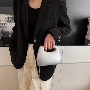Silver metallic geometric box bag with chain strap and integrated top handle for women