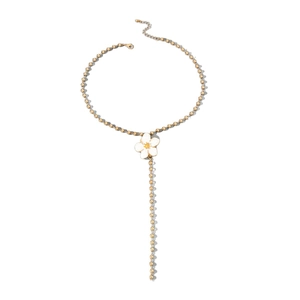 Elegante goldene Perlenkette im Y-Design mit weißem Blumenanhänger und Karabinerverschluss