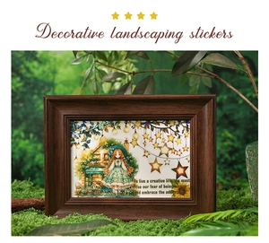 Detail of DIY decorative stickers featuring retro houses and sunflowers in a wooden frame
