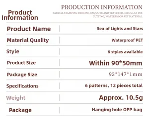 Detailed specification chart for PET stickers featuring gold stamping and sizes