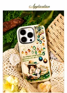 Detail of beige iPhone case featuring pastoral girl illustration in a garden setting