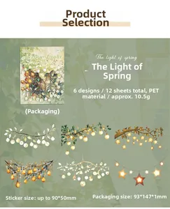 Detail of 12 PET transparent stickers with floral and light motifs for DIY journaling