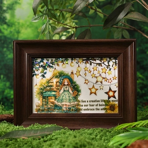 Retro wooden frame with laser PET stickers showing a girl under starry lights and flowers