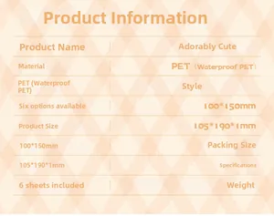 Detailed specifications chart for waterproof PET cartoon stickers in 6-sheet packs