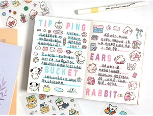 Detailed view of cute cartoon stickers on a notebook with dog and rabbit patterns