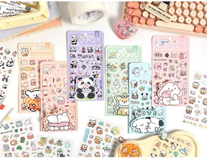 Close-up of cute cartoon animal stickers and memo pads in a neat office stationery scene