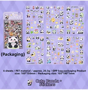 Detail showing set of 6 waterproof PET panda cartoon stickers with size and material info