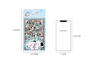 Size guide for cute cartoon puppy stickers set showing dimensions next to a phone