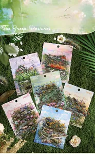 Detail view of transparent PET plant stickers arranged on moss for scrapbooking decor
