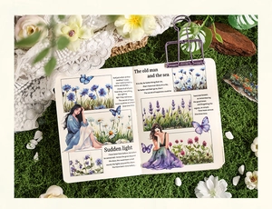 Close-up of floral PET stickers on notebook with botanic illustrations and moss background