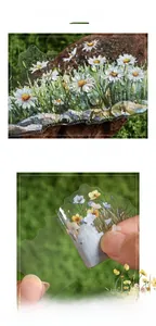 Detail of waterproof PET floral stickers showing adhesive backing and daisy botanical designs