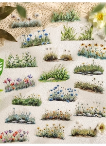 Detailed grid layout of PET botanical stickers featuring colorful wildflowers and plants