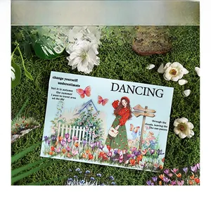 Detailed view of floral PET stickers with a girl in garden theme on mossy background