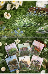 Detailed view of botanical PET sticker packs with watercolor floral designs for scrapbooking