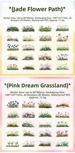 Detailed view of floral PET sticker sets showing botanical patterns and 80mm dimensions