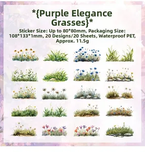 Detailed grid layout of 20 waterproof PET botanical stickers with floral illustrations