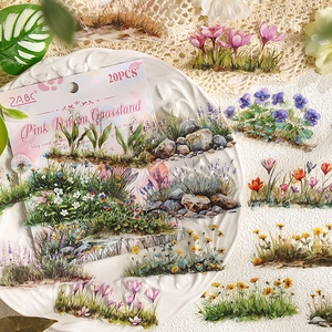20pcs watercolor garden themed PET stickers for scrapbooking featuring plants and rocks
