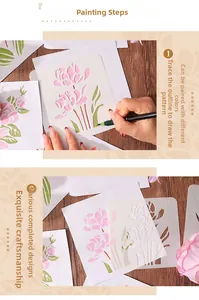 Macro view of floral painting stencil showing the outlining and final colored steps