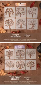 Détail de 6 pochoirs de peinture arbre DIY 130x130mm sur fond en bois rustique