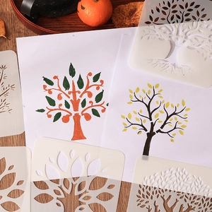 Pochoirs arbres en PET pour peinture DIY sur fond bois avec décorations automnales