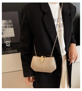 Detail of gold hard-shell clutch with metallic leaf clasp and fine chain strap