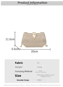 Detail view of champagne glitter clutch with metal leaf clasp and size measurements