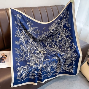 French vintage style silk square scarf with navy blue floral print and tiger design