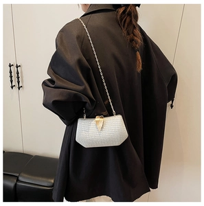 Silver woven evening bag featuring a gold leaf-shaped clasp and metal chain strap
