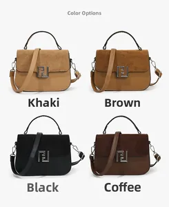 Color options of leather and suede satchel bags with metallic double F buckles